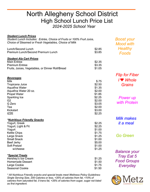 High School Lunch Price List
